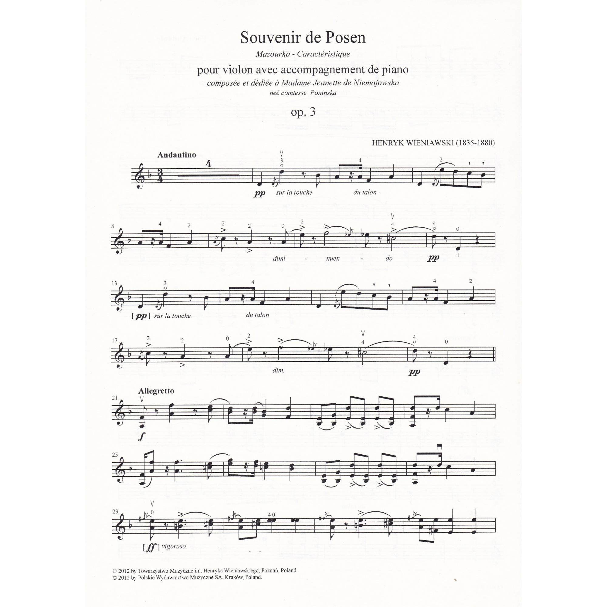 Souvenir de Posen for Violin and Piano, Op. 3