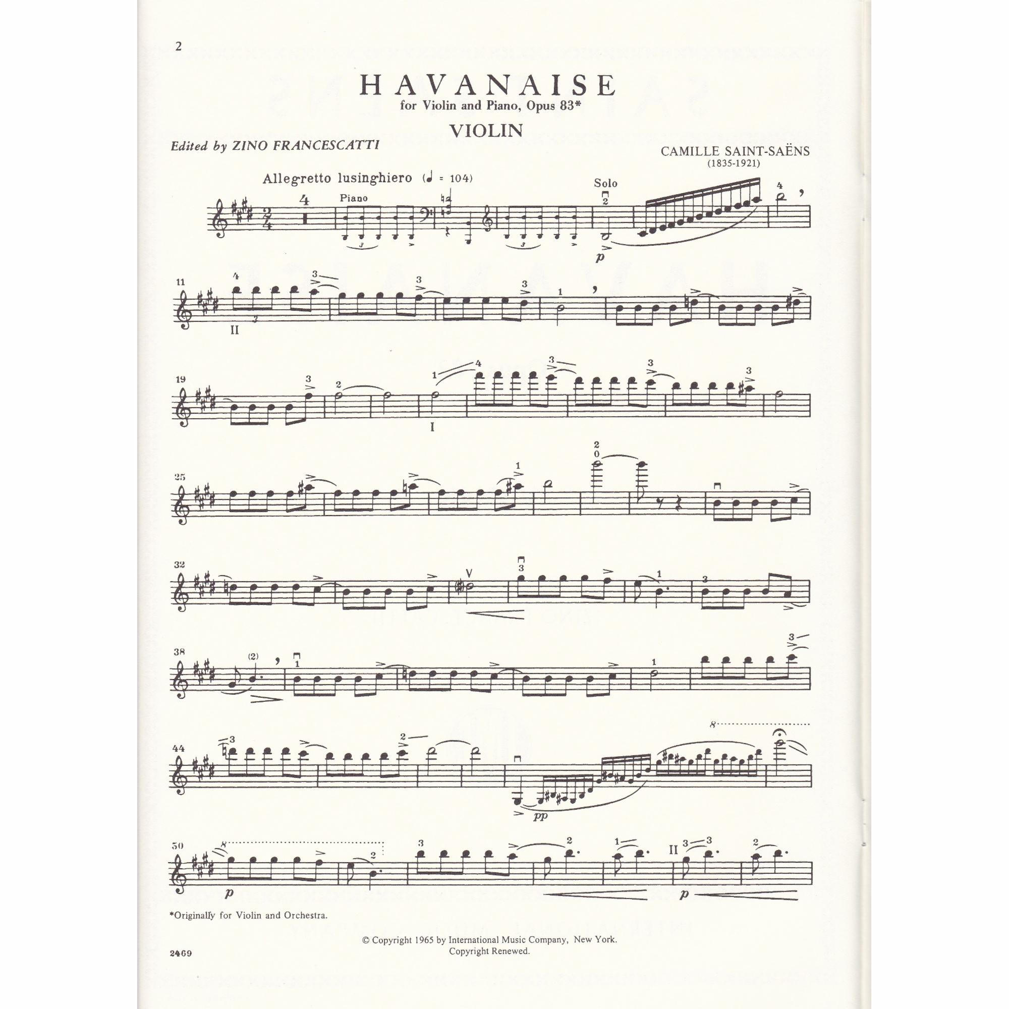 Havanaise for Violin and Piano, Op. 83