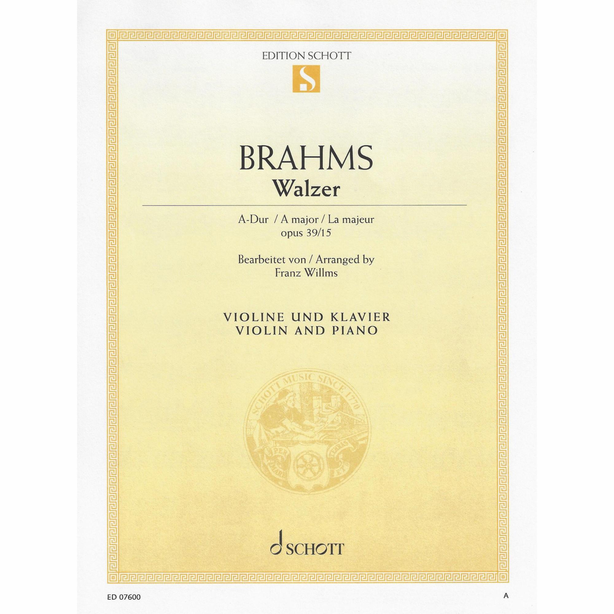 Brahms -- Waltz in A Major, Op. 39, No. 15 for Violin and Piano