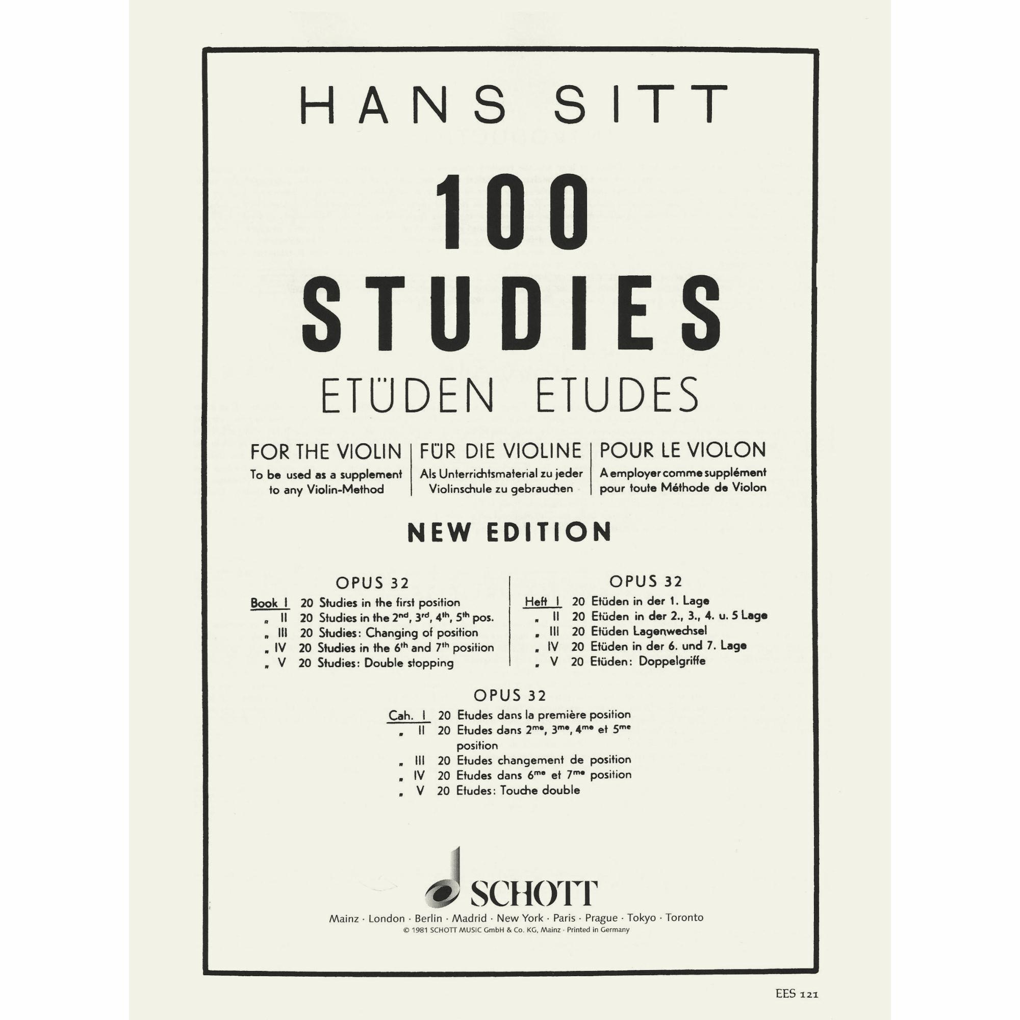 Sitt -- 100 Studies, Op. 32, Books 1-5 for Violin