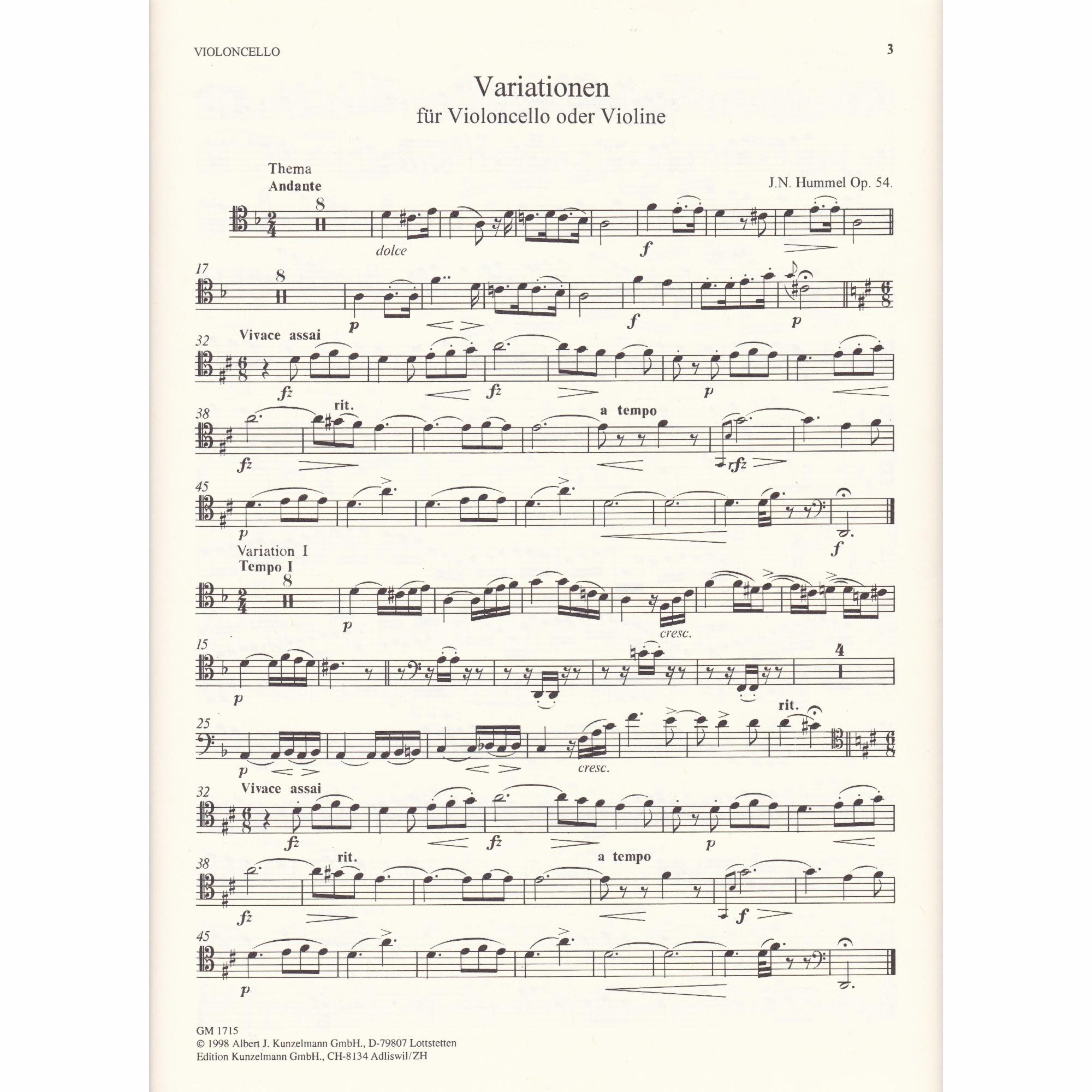 Variations in D Minor for Cello (or Violin) and Piano, Op. 54