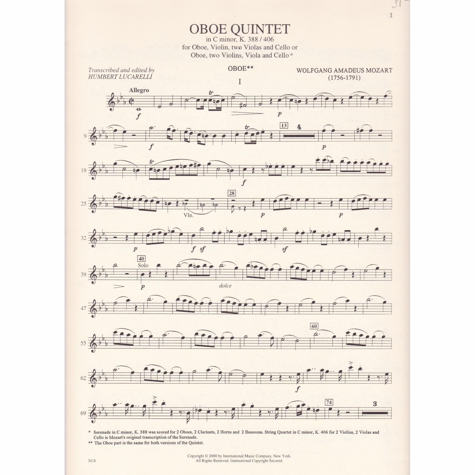 Wind Serenade No. 12 in C Minor, arr. for Oboe Quintet