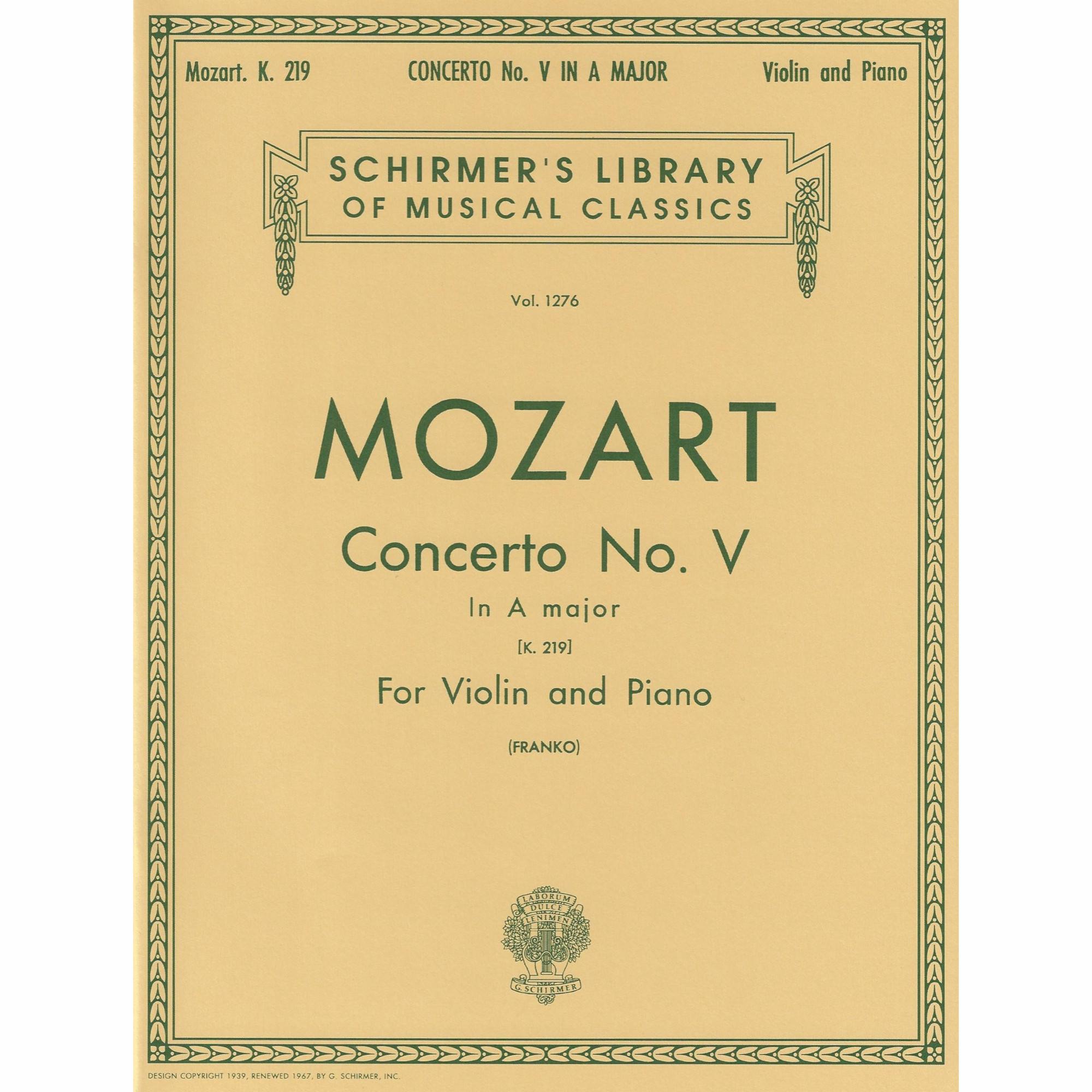 Mozart -- Concerto No. 5 in A Major, K. 219 for Violin and Piano