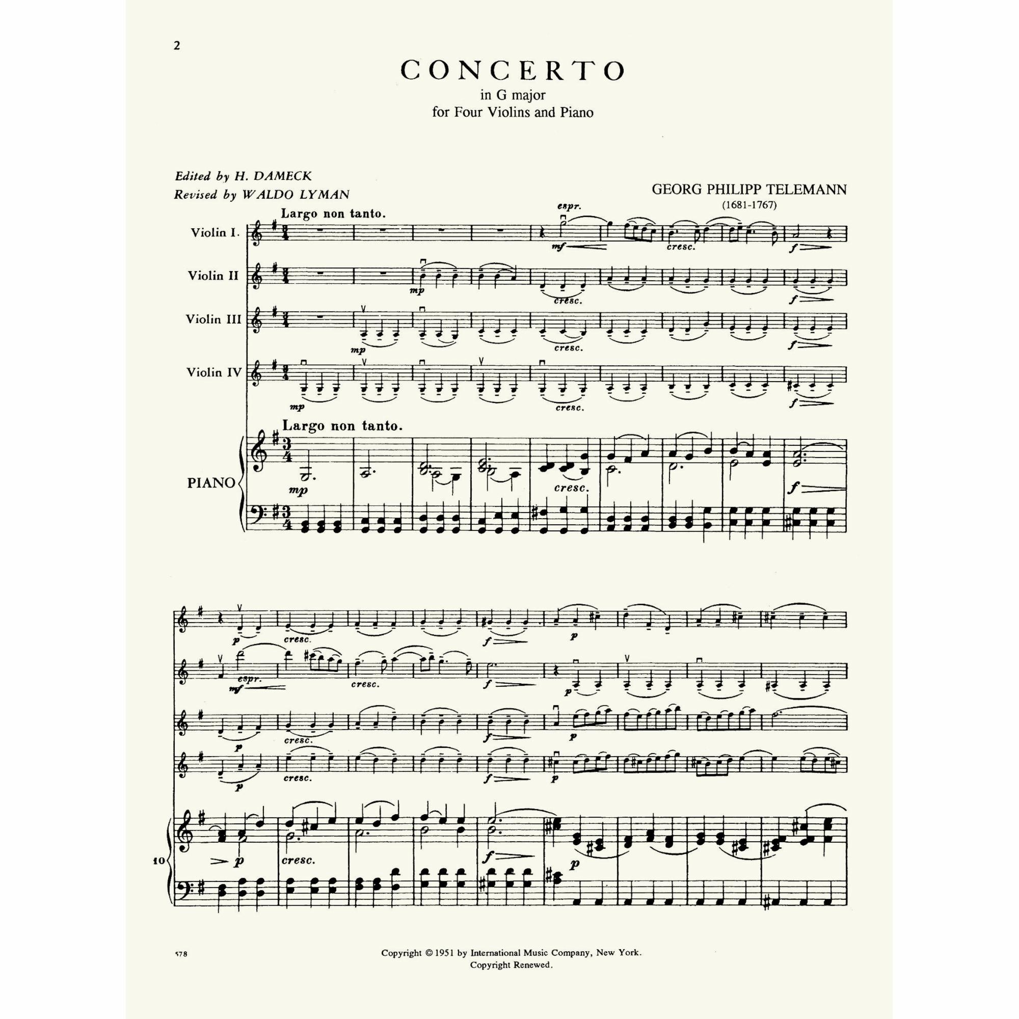 Sig til side Fejde Jabeth Wilson Telemann -- Concerto in G Major for Four Violins and Piano | Southwest  Strings