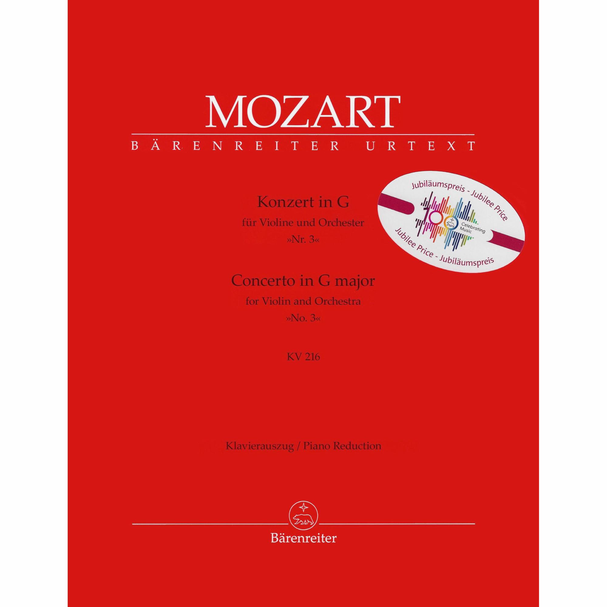Mozart -- Concerto No. 3 in G Major, K. 216 for Violin and Piano (Jubilee Edition)