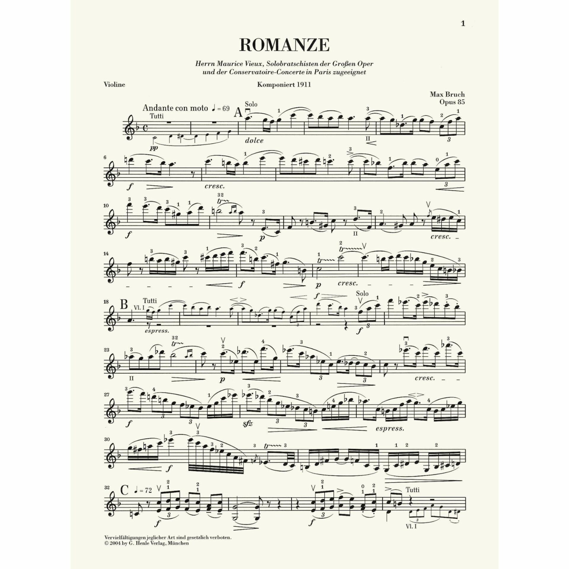 Bruch - Romance in F Major, Op. 85 for Violin and Piano
